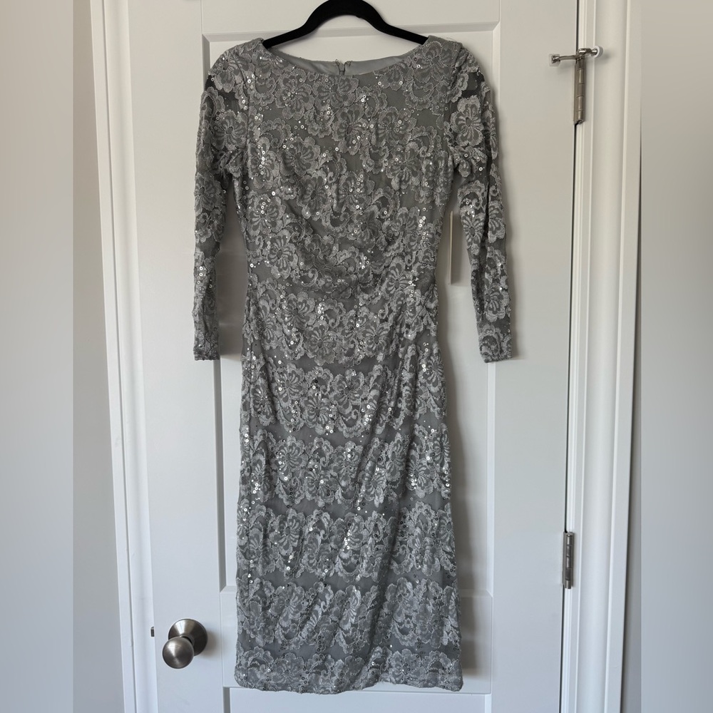 NWT Eliza J Silver Sequins Lace 3/4 Sleeve Dress